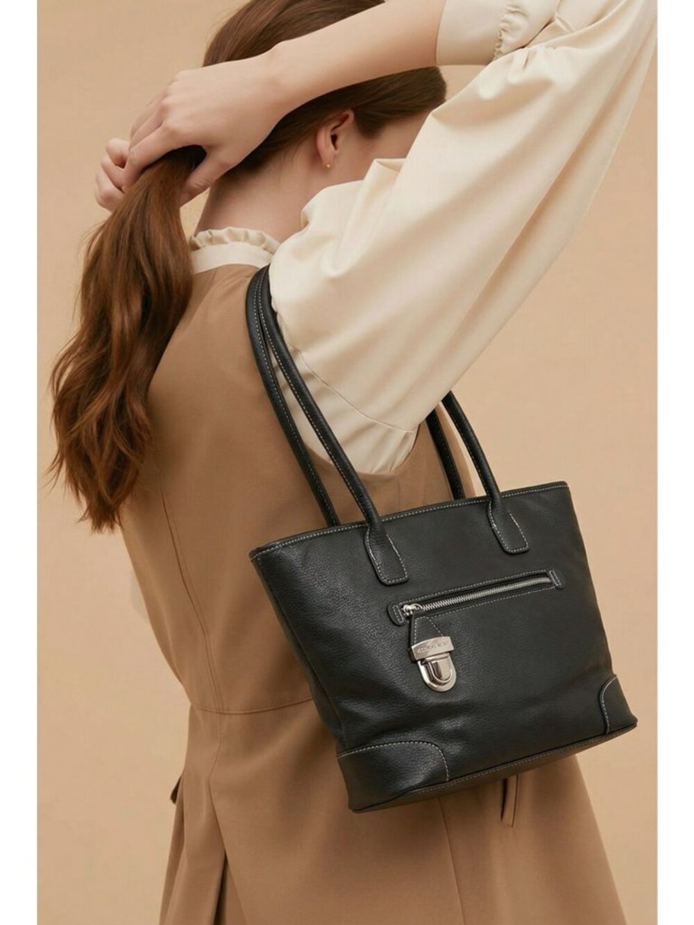Victoria Secret Black Faux Leather Shoulder Bag Zip Pocket Tote Purse